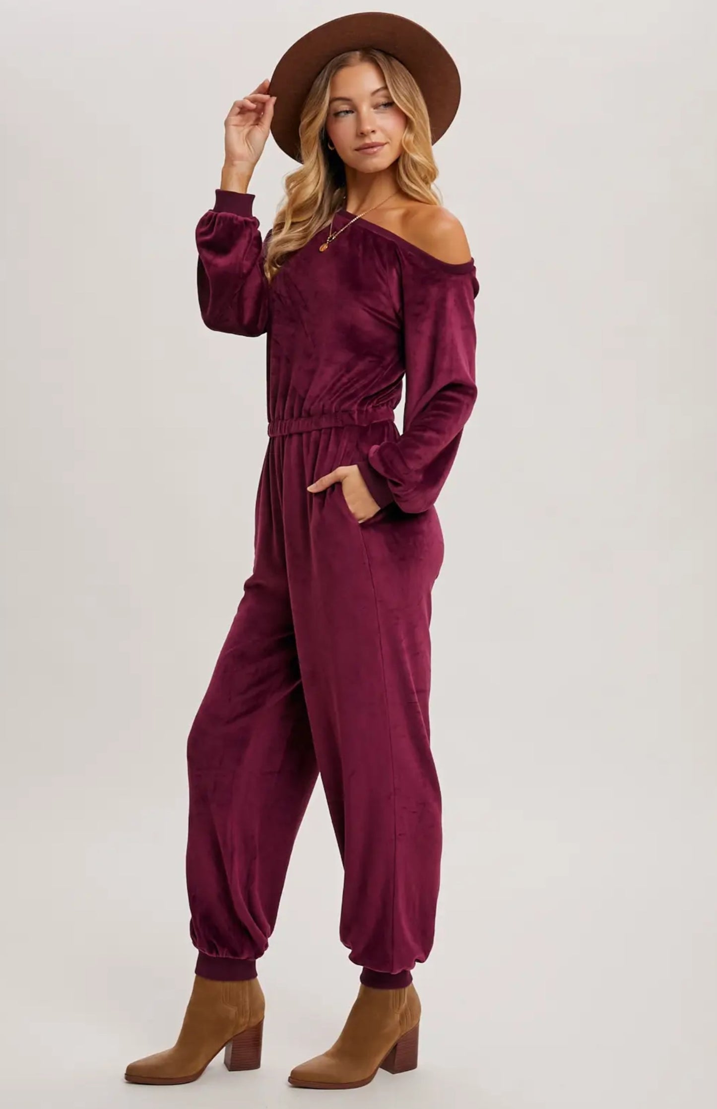 Plum Velvet One Shoulder Jumpsuit