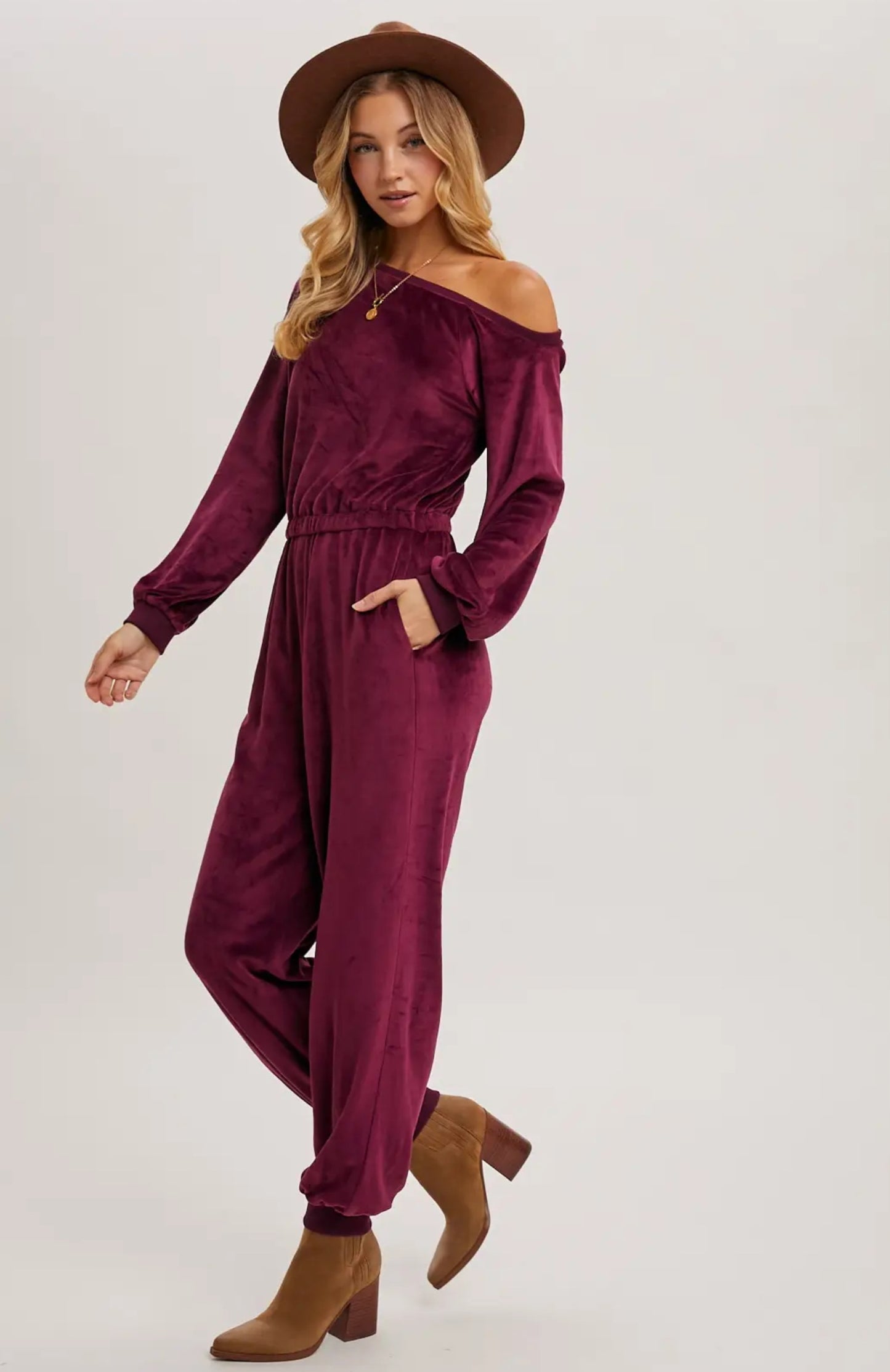 Plum Velvet One Shoulder Jumpsuit