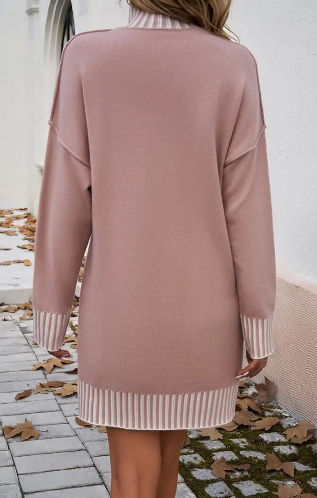 Stripe Mock Turtleneck Pullover Sweater Dress