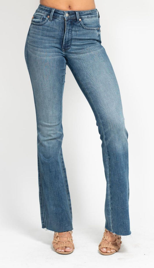 Judy Blue Midrise Tummy Control Vintage Wash Cut Hem Flare