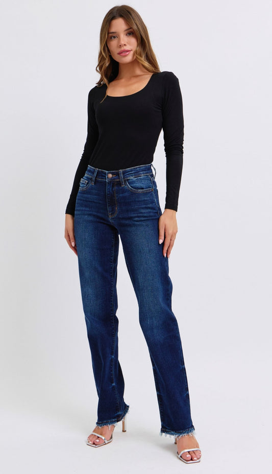 Judy Blue Mid Rise Straight Leg Fray Hem