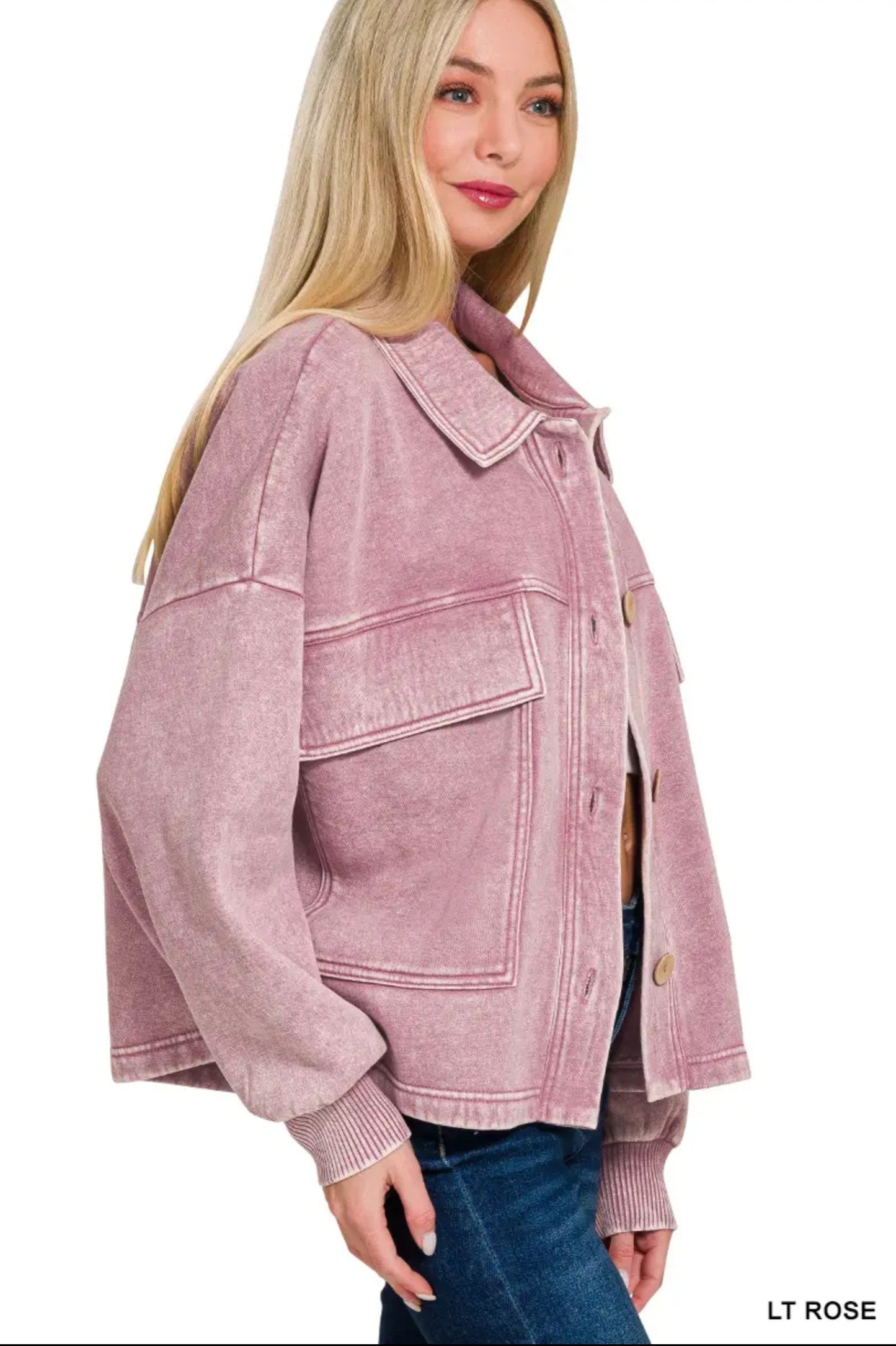 Acid Wash Fleece Front Pocket Cropped Shacket