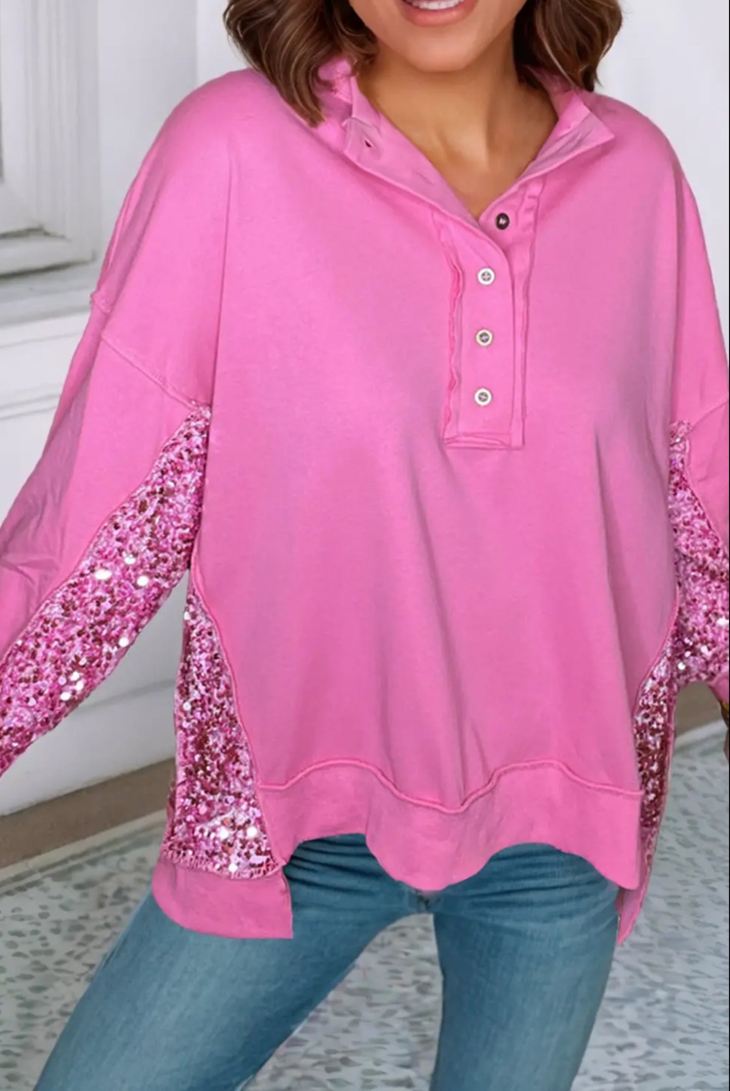 Pink Sequin Henley Sweatshirt