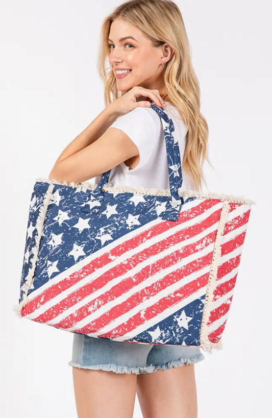 American Flag Pattern with Fringe Summer Tote Bag