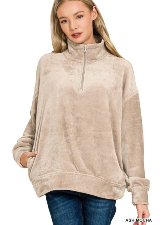 Faux Fur Half Zip Pocket Pullover