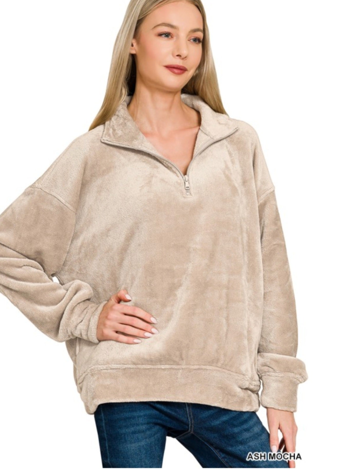 Faux Fur Half Zip Pocket Pullover