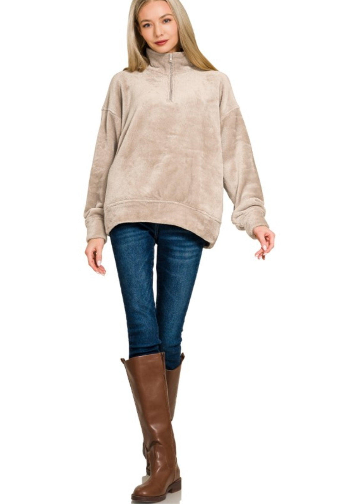 Faux Fur Half Zip Pocket Pullover