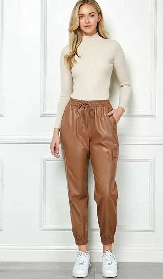 High Waisted Faux Leather Cargo Jogger Pants