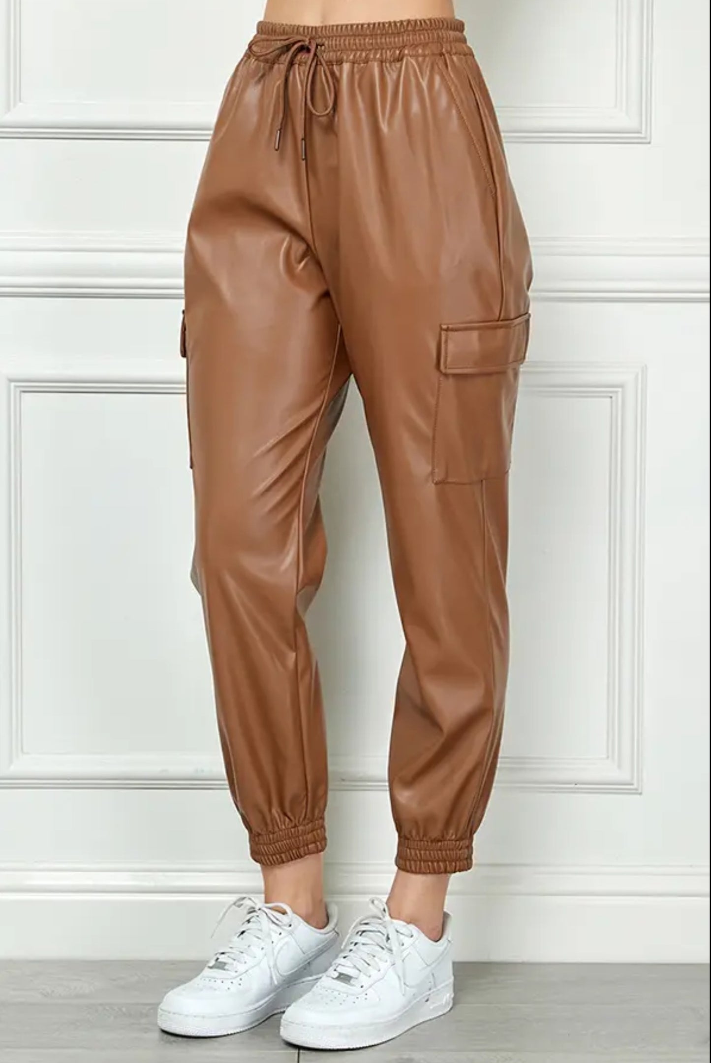 High Waisted Faux Leather Cargo Jogger Pants