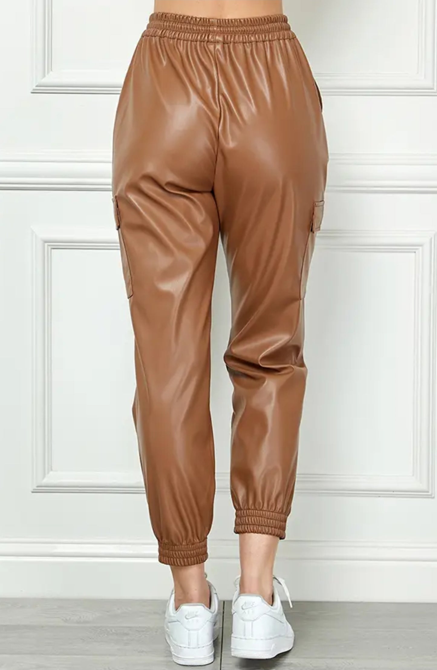 High Waisted Faux Leather Cargo Jogger Pants