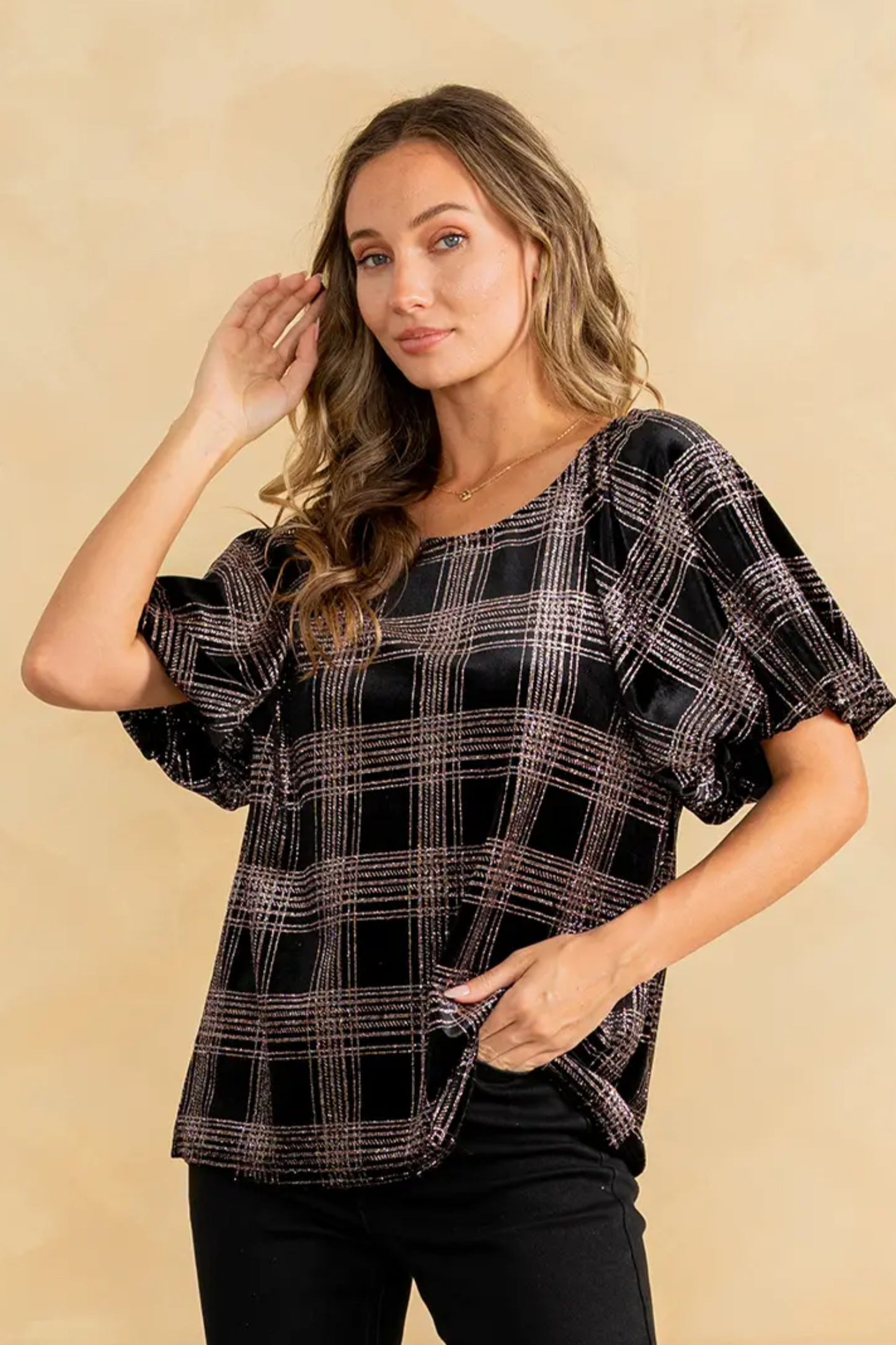 Shimmering Plaid Puff Sleeves Top