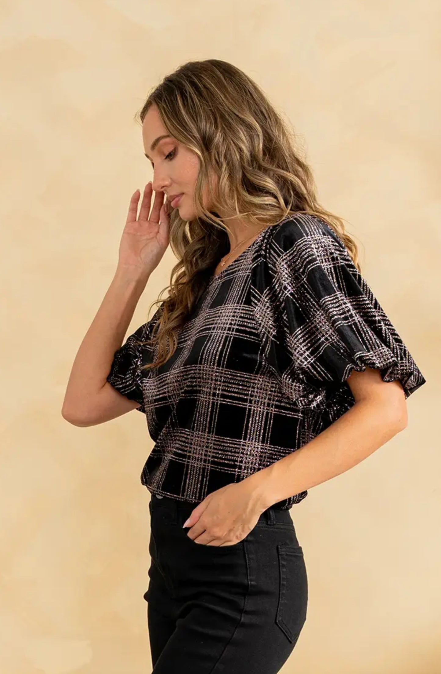 Shimmering Plaid Puff Sleeves Top