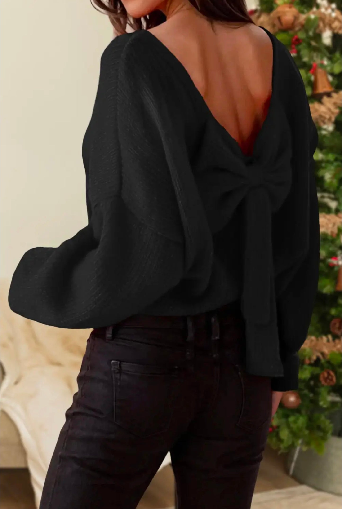 Bow Backless Bubble Sleeve Sweater