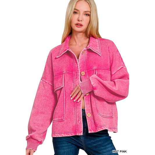 Acid Wash Fleece Cropped Shacket