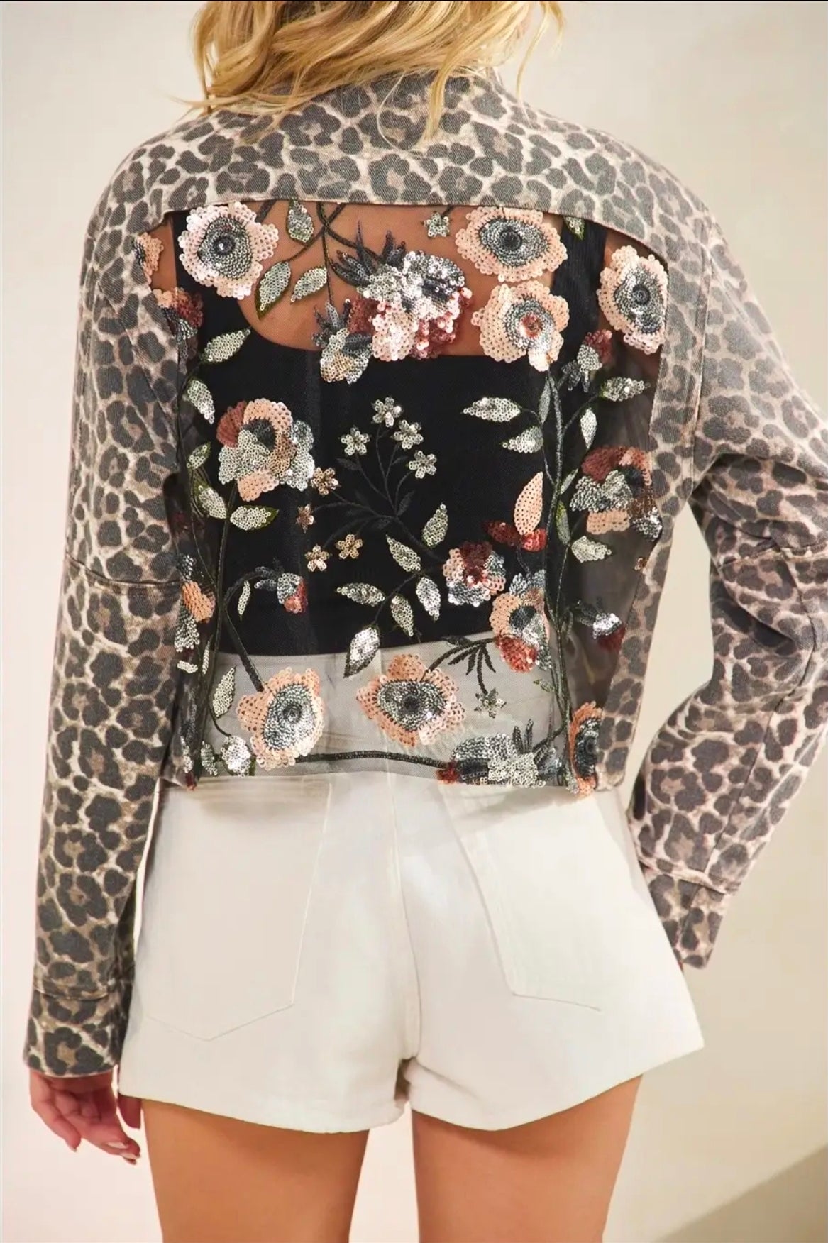 Leopard Denim Jacket with Flower Contrast