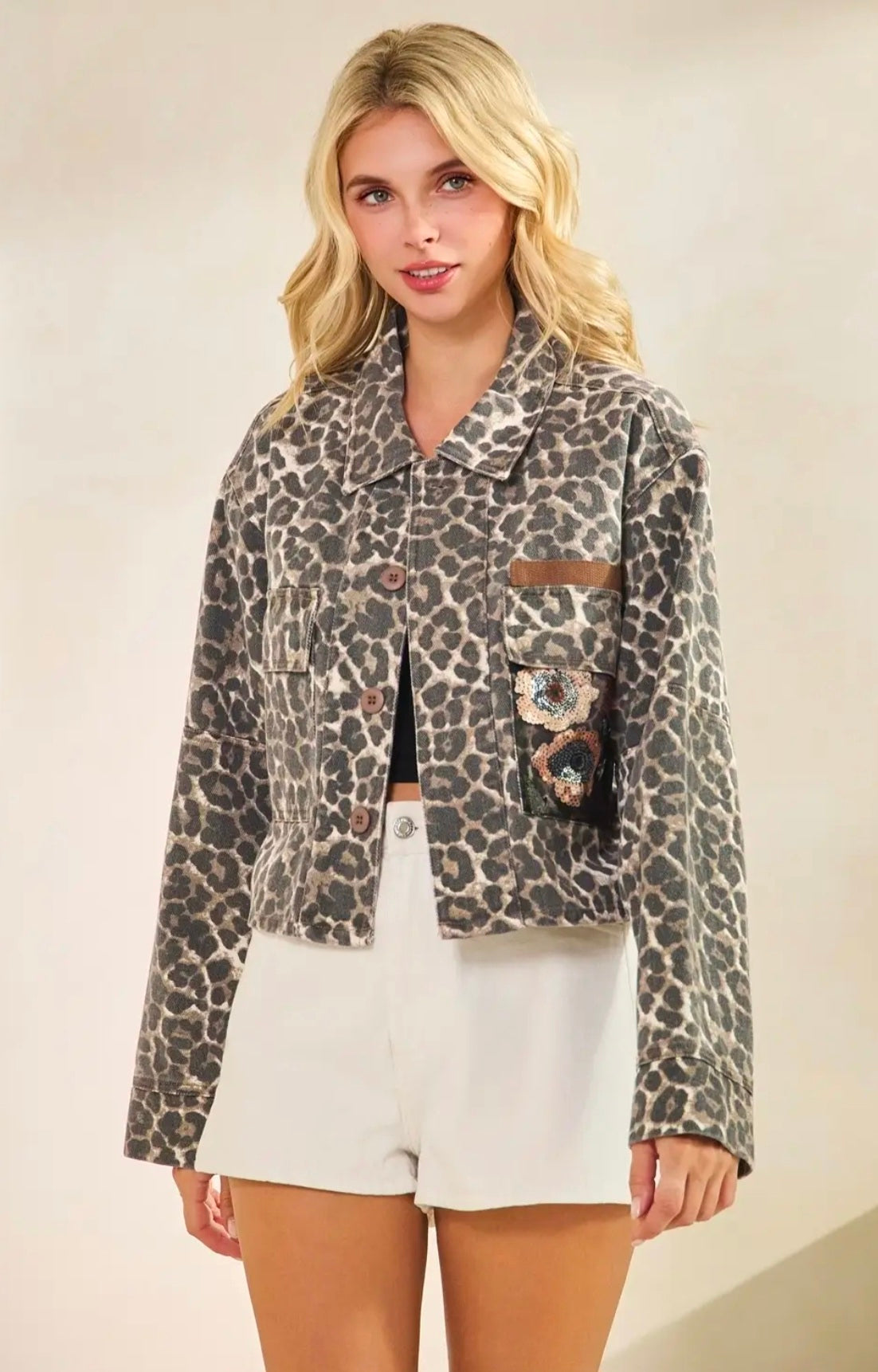Leopard Denim Jacket with Flower Contrast