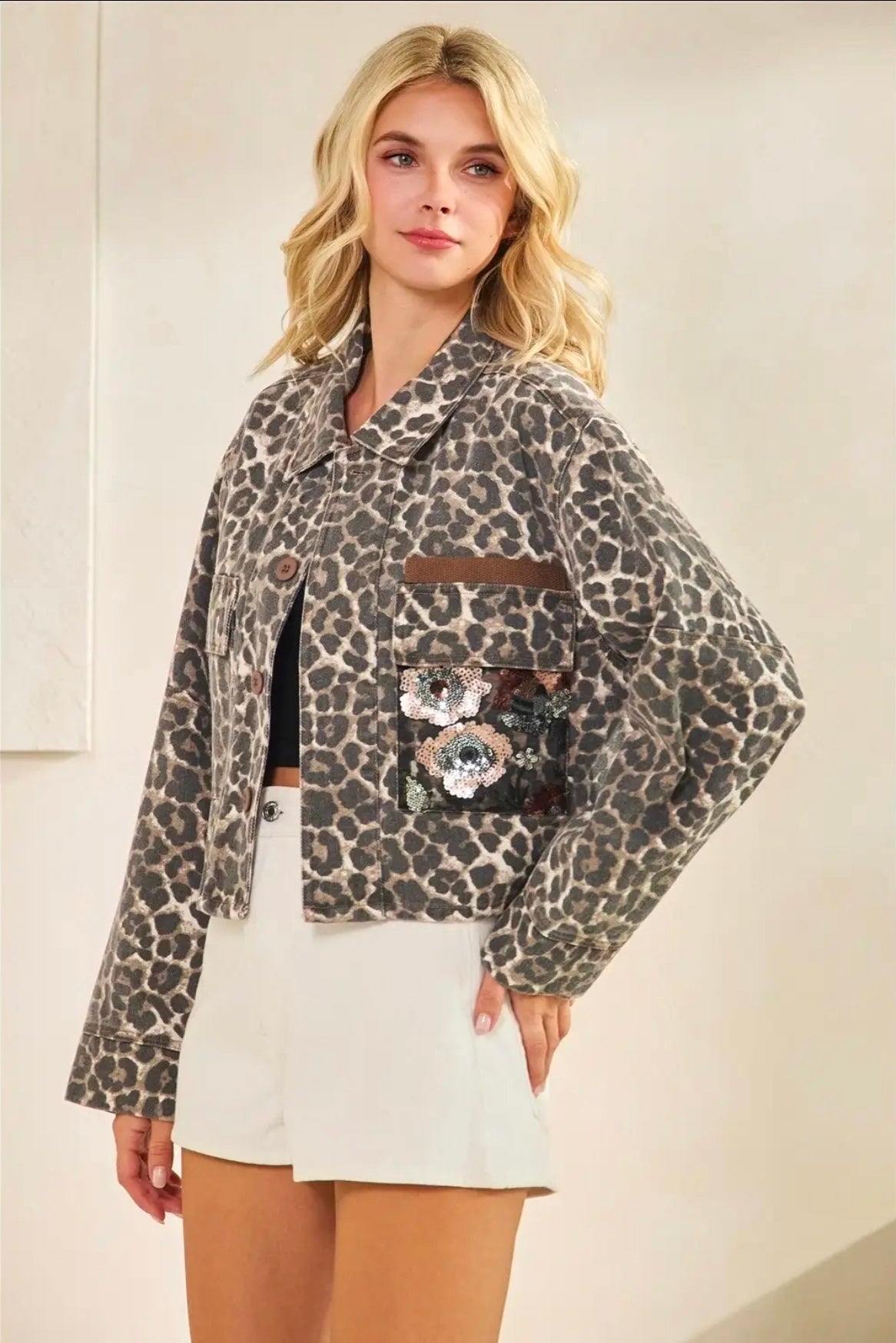 Leopard Denim Jacket with Flower Contrast