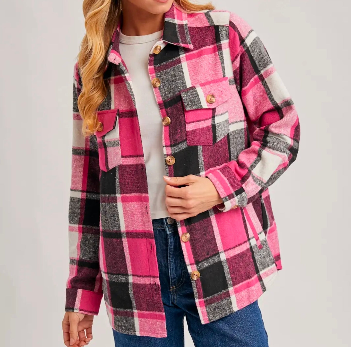Pink Flannel Plaid Shacket with Pockets