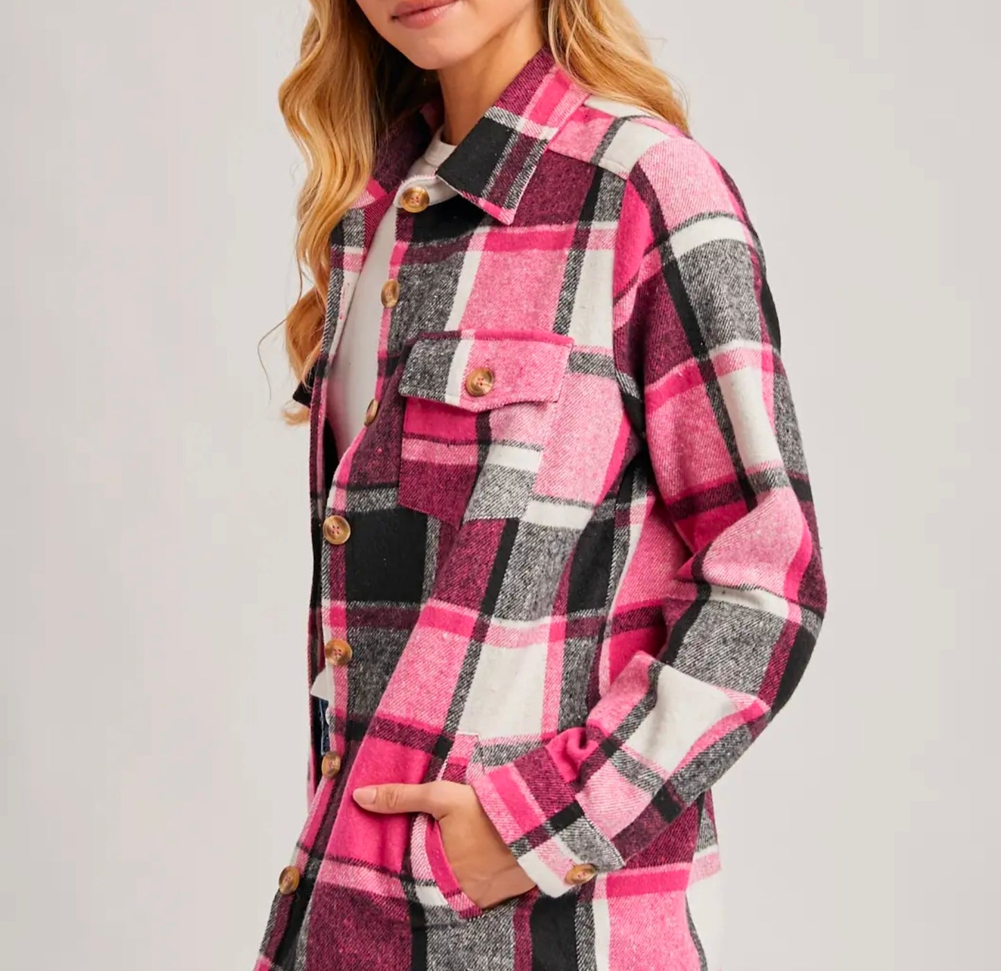 Pink Flannel Plaid Shacket with Pockets