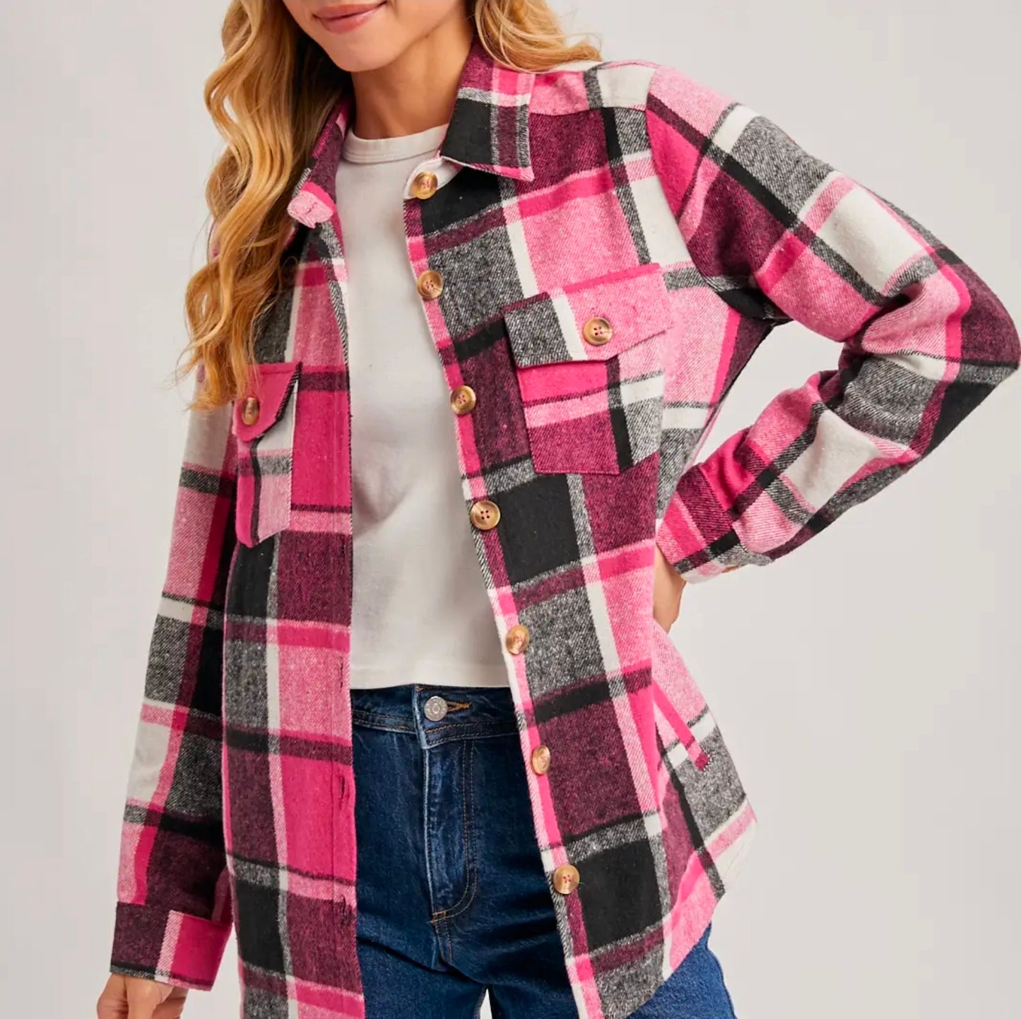 Pink Flannel Plaid Shacket with Pockets