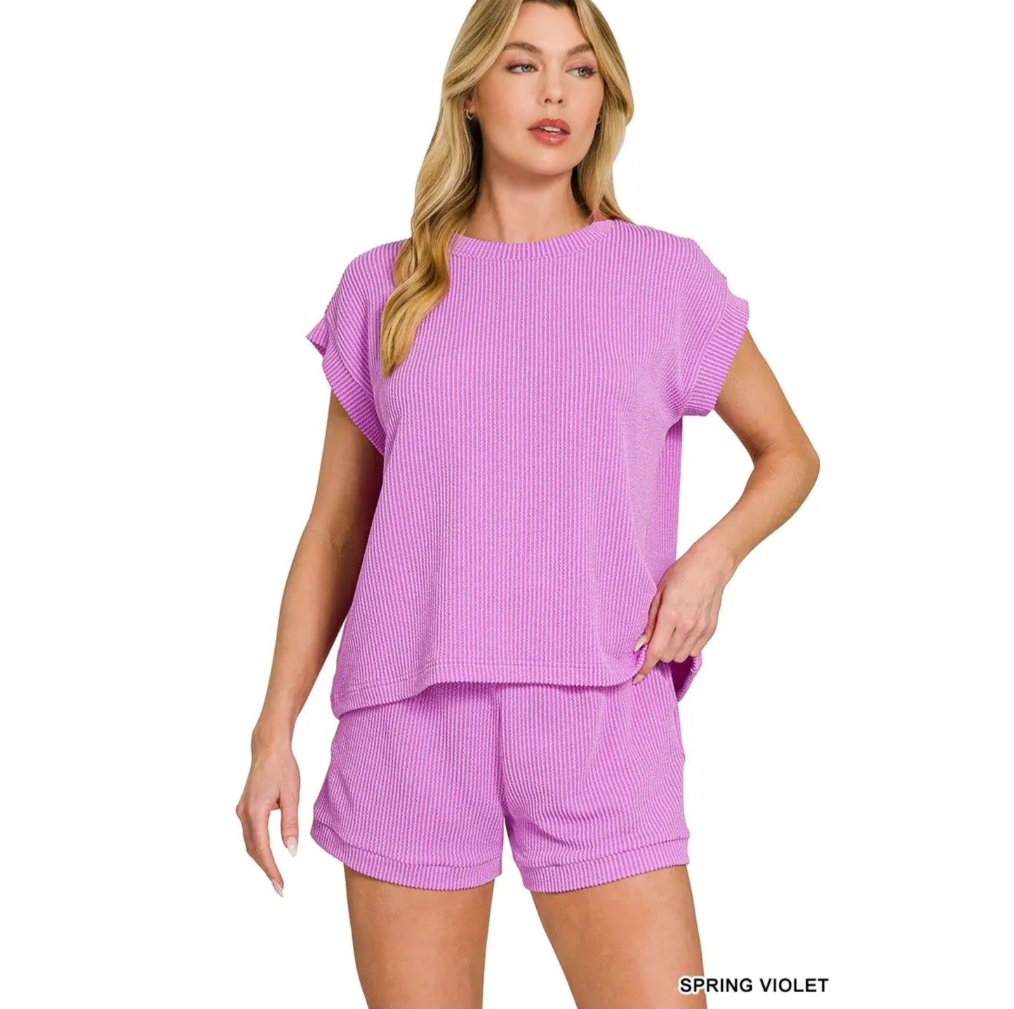 Two Tone Ribbed Cap Top Shorts Set