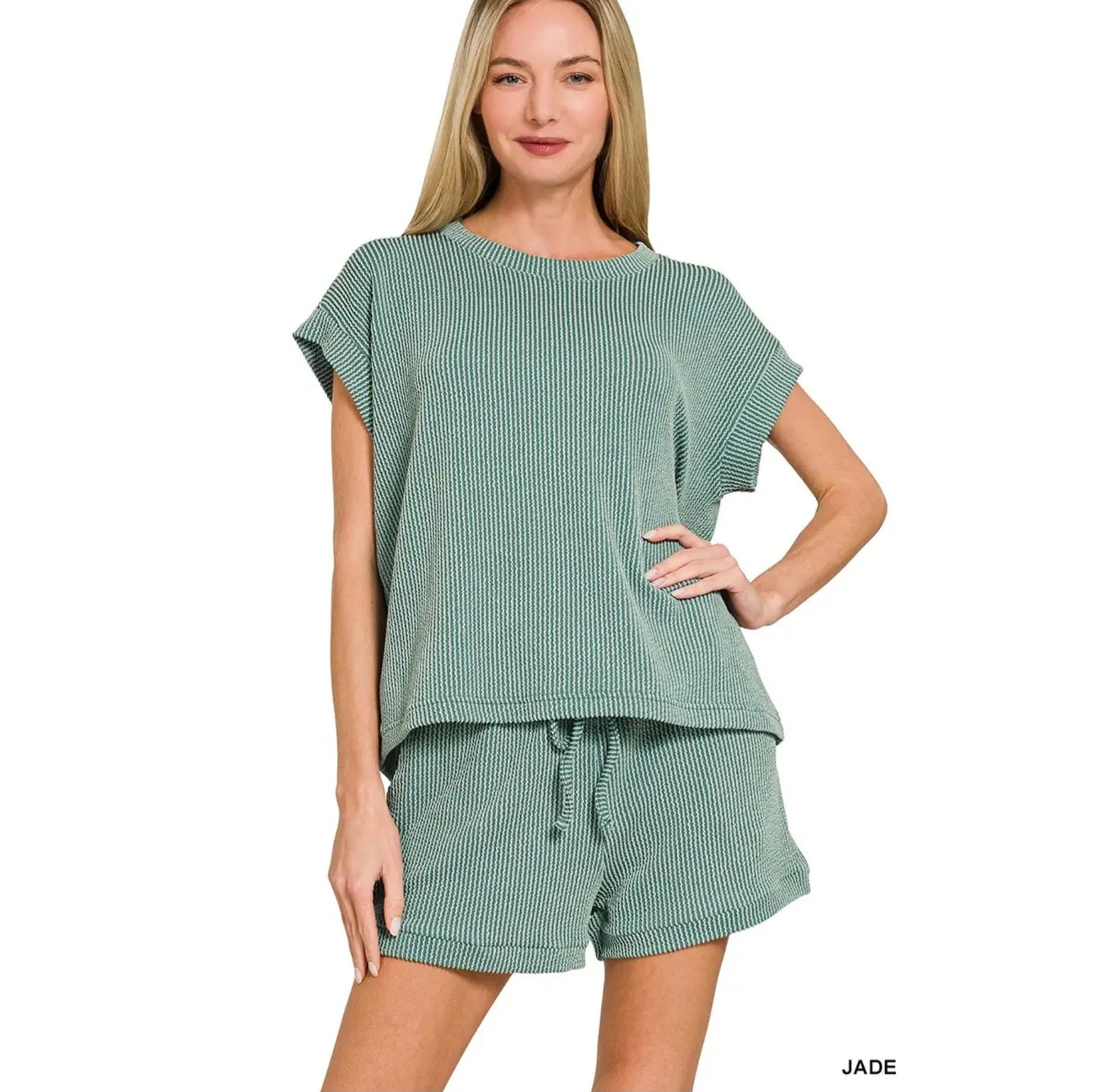 Two Tone Ribbed Cap Top Shorts Set