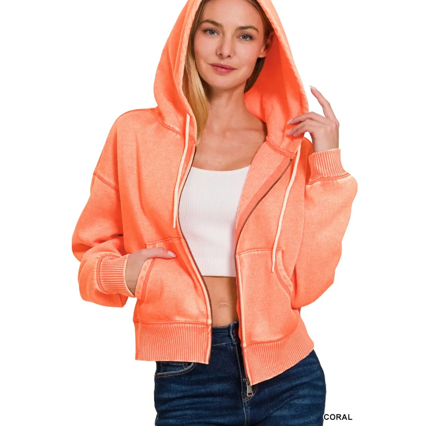 Acid Wash Fleece Cropped Zip Up Hoodie