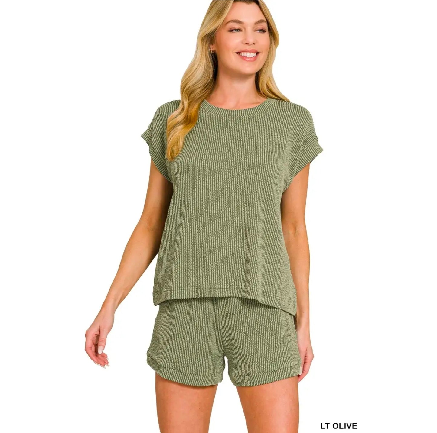 Two Tone Ribbed Cap Top Shorts Set