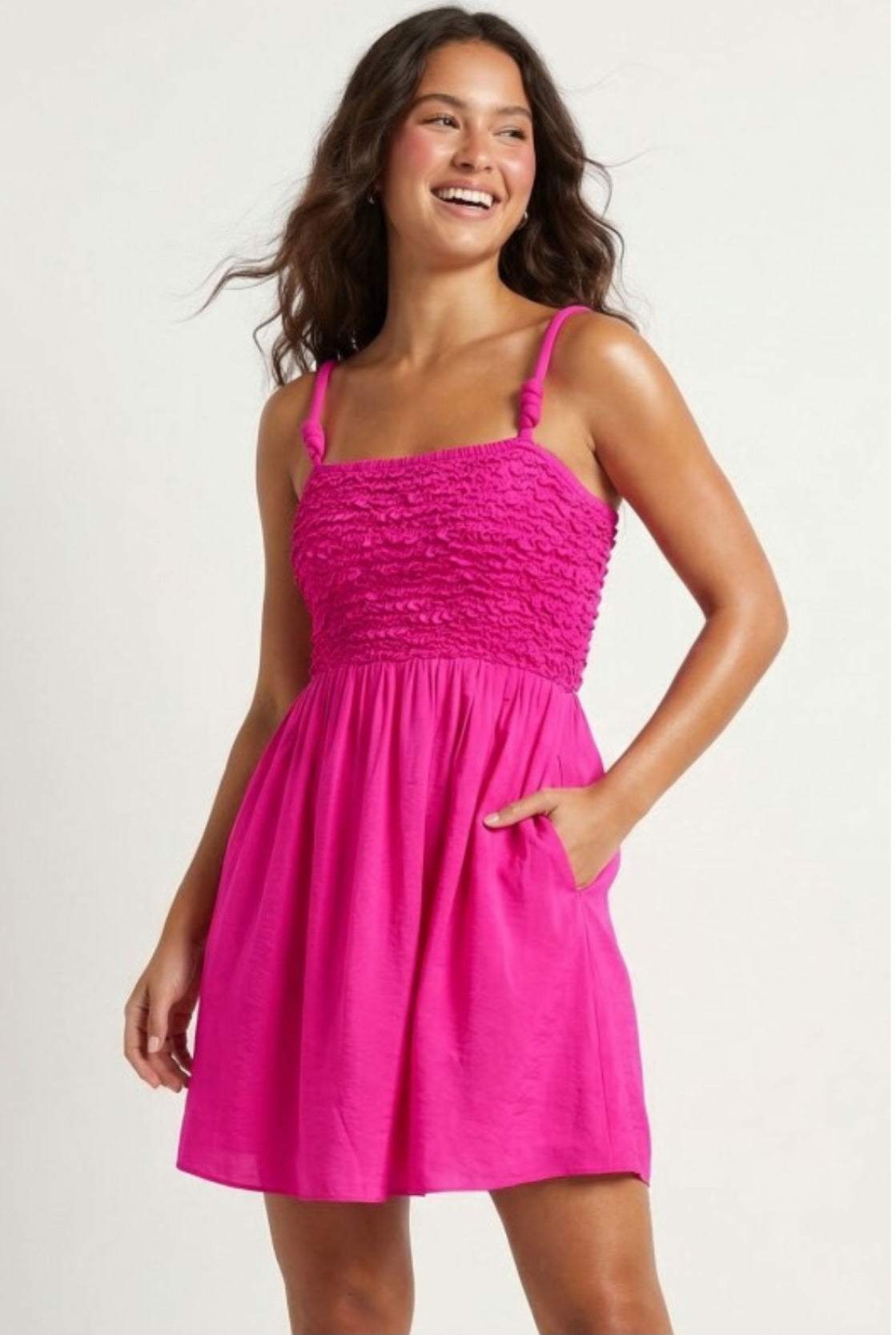 Cord Detail Smocking Mini Dress