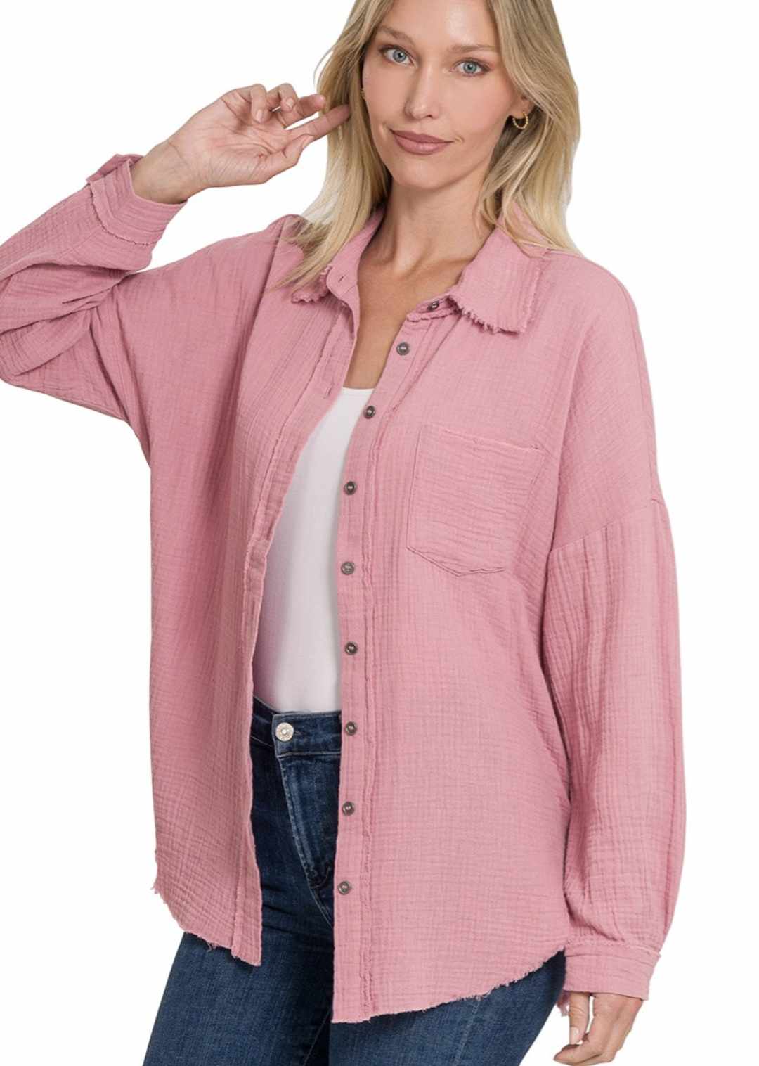 Light Rose Double Gauze Oversized Raw Edge Shirt