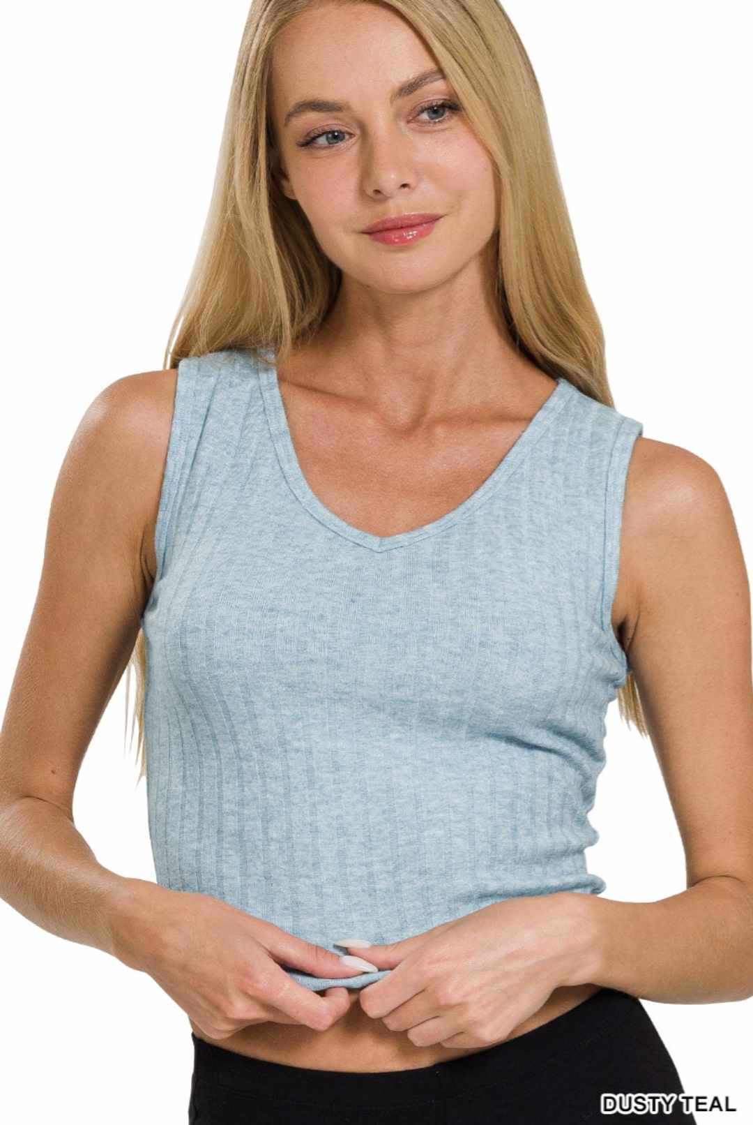 Dusty Teal Ribbed Scoop Neck Cropped Top