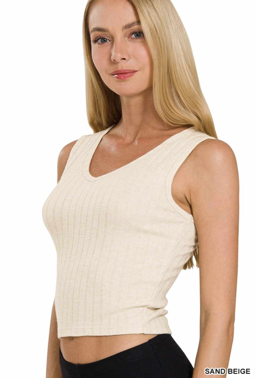 Sand Beige Ribbed Scoop Neck Cropped Top