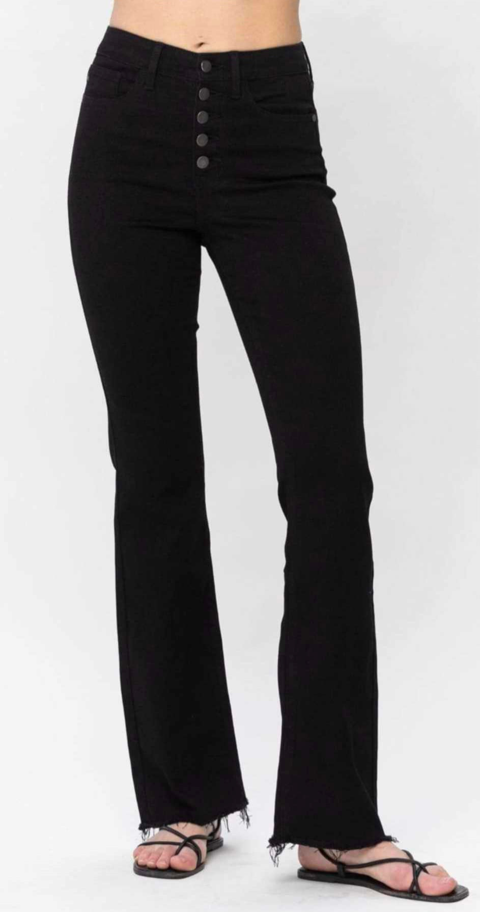 Judy Blue High Waist Black Button Fly Raw Hem Bootcut