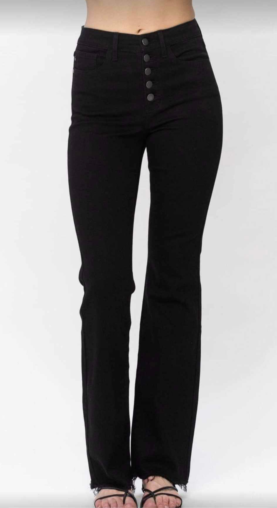 Judy Blue High Waist Black Button Fly Raw Hem Bootcut