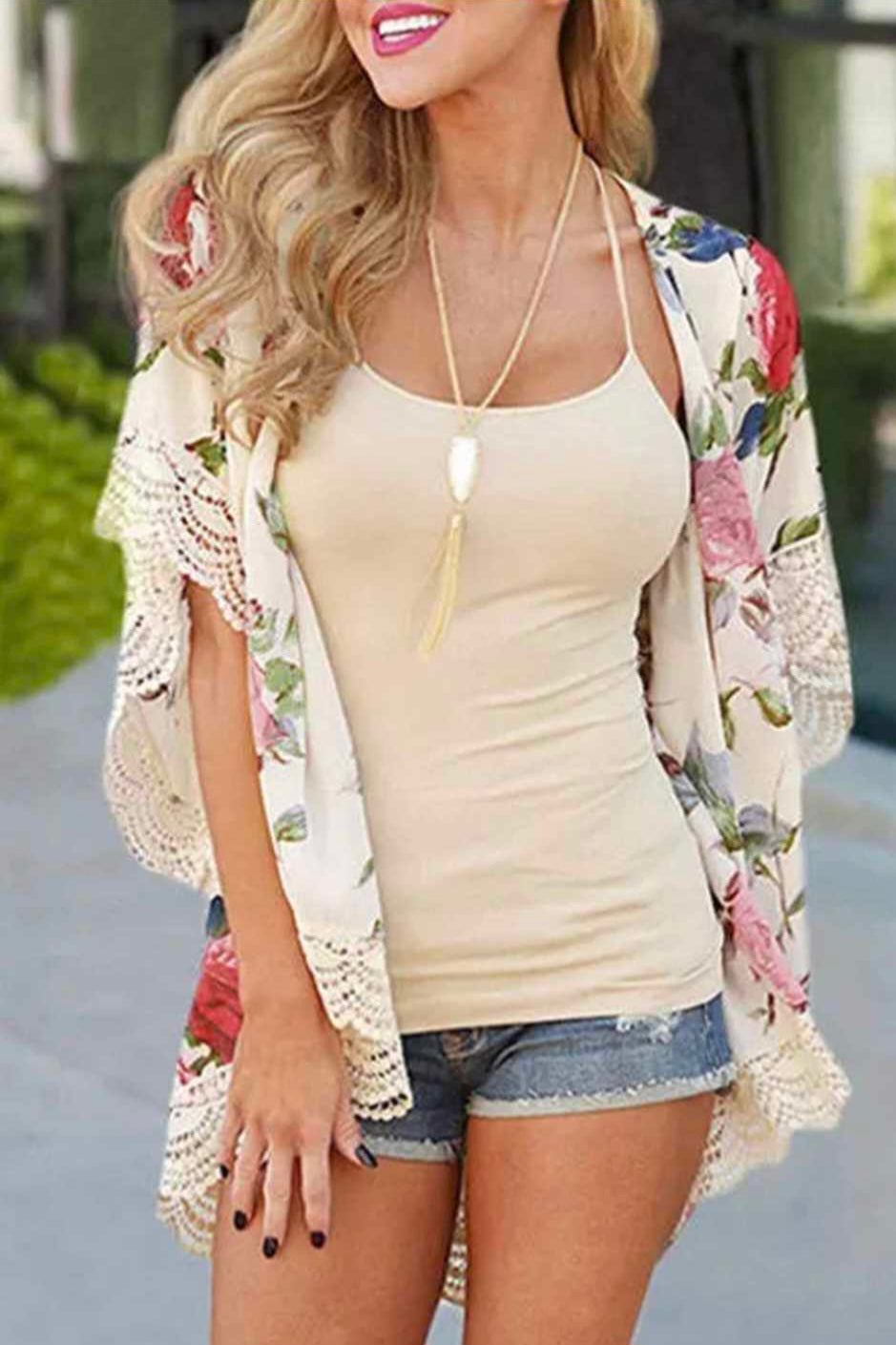 Floral Print Scalloped Lace Kimono