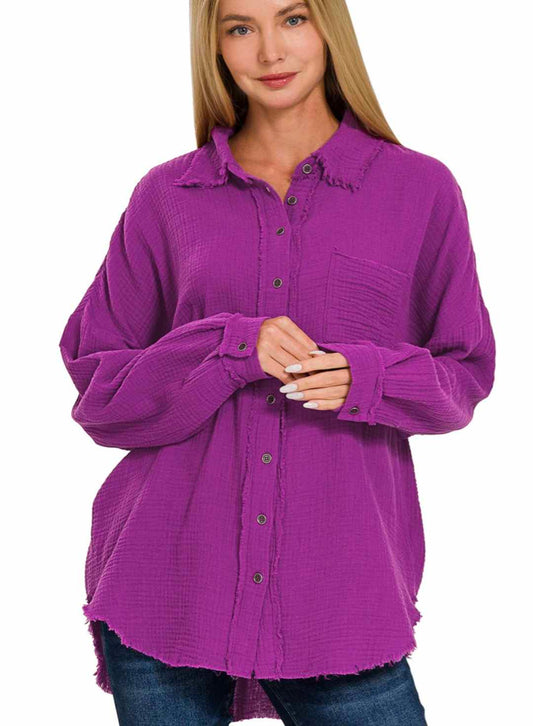 Plum Double Gauze Oversized Raw Edge Shirt