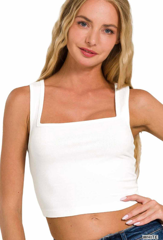 White Cotton Square Neck Cropped Cami Top