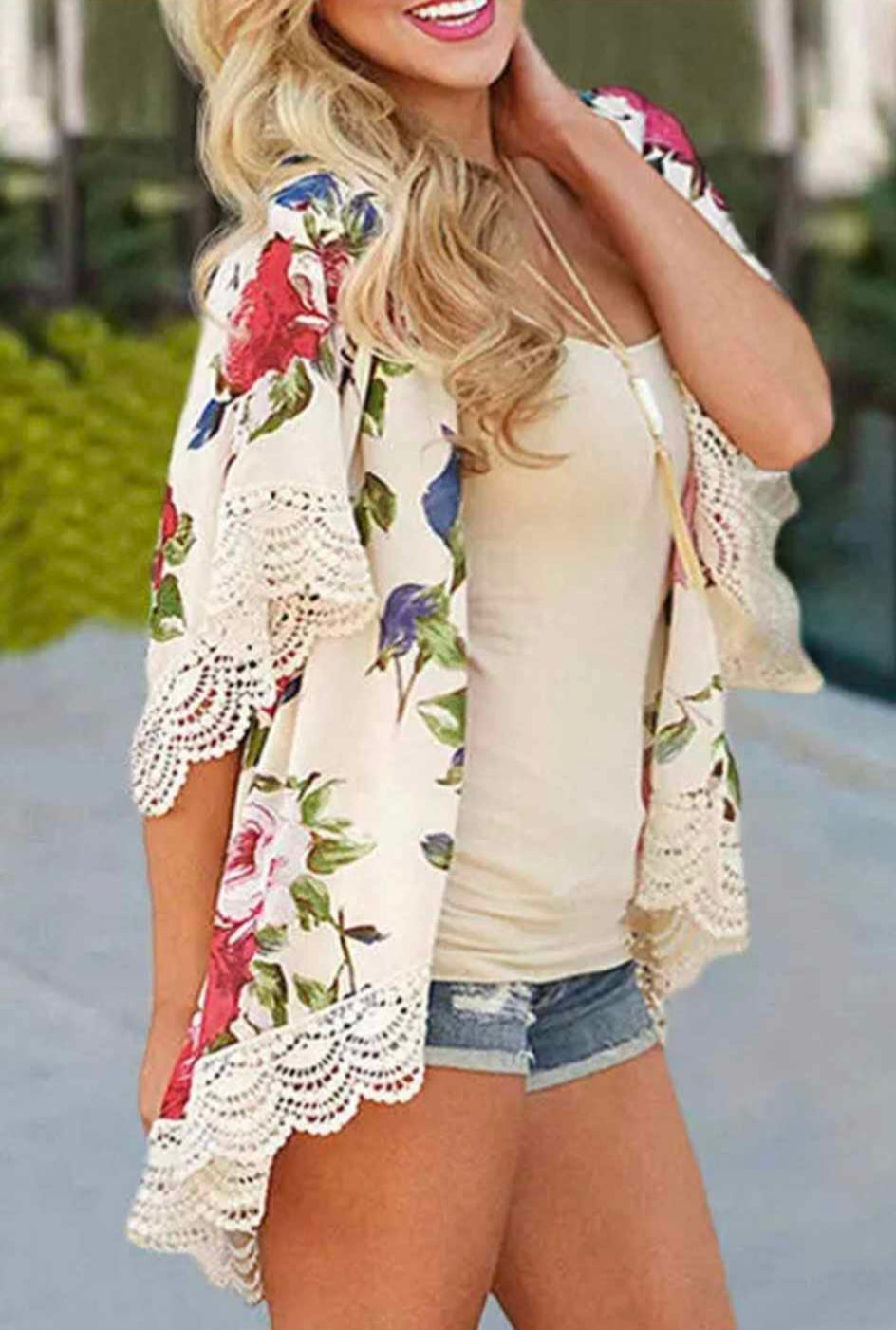 Floral Print Scalloped Lace Kimono