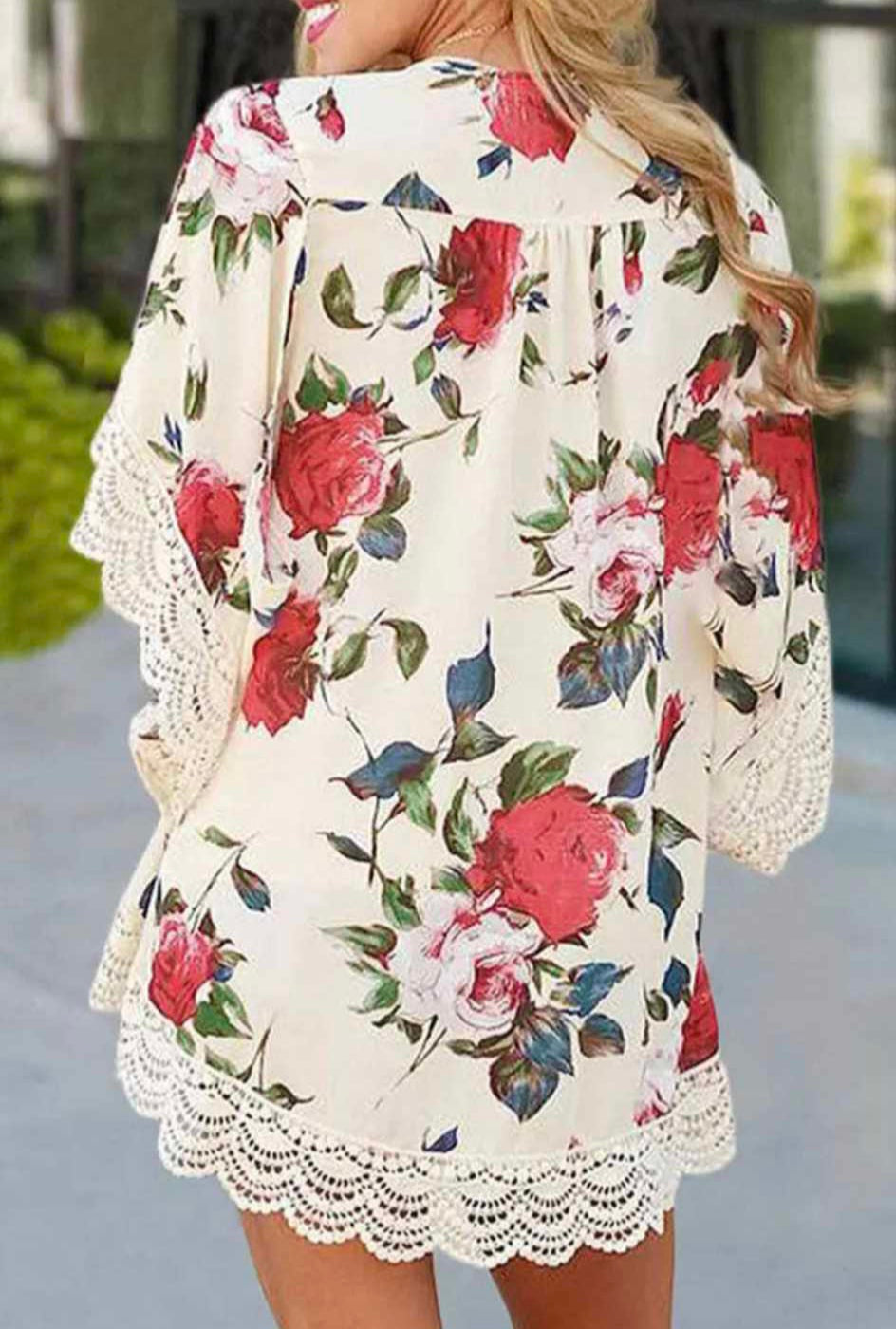 Floral Print Scalloped Lace Kimono