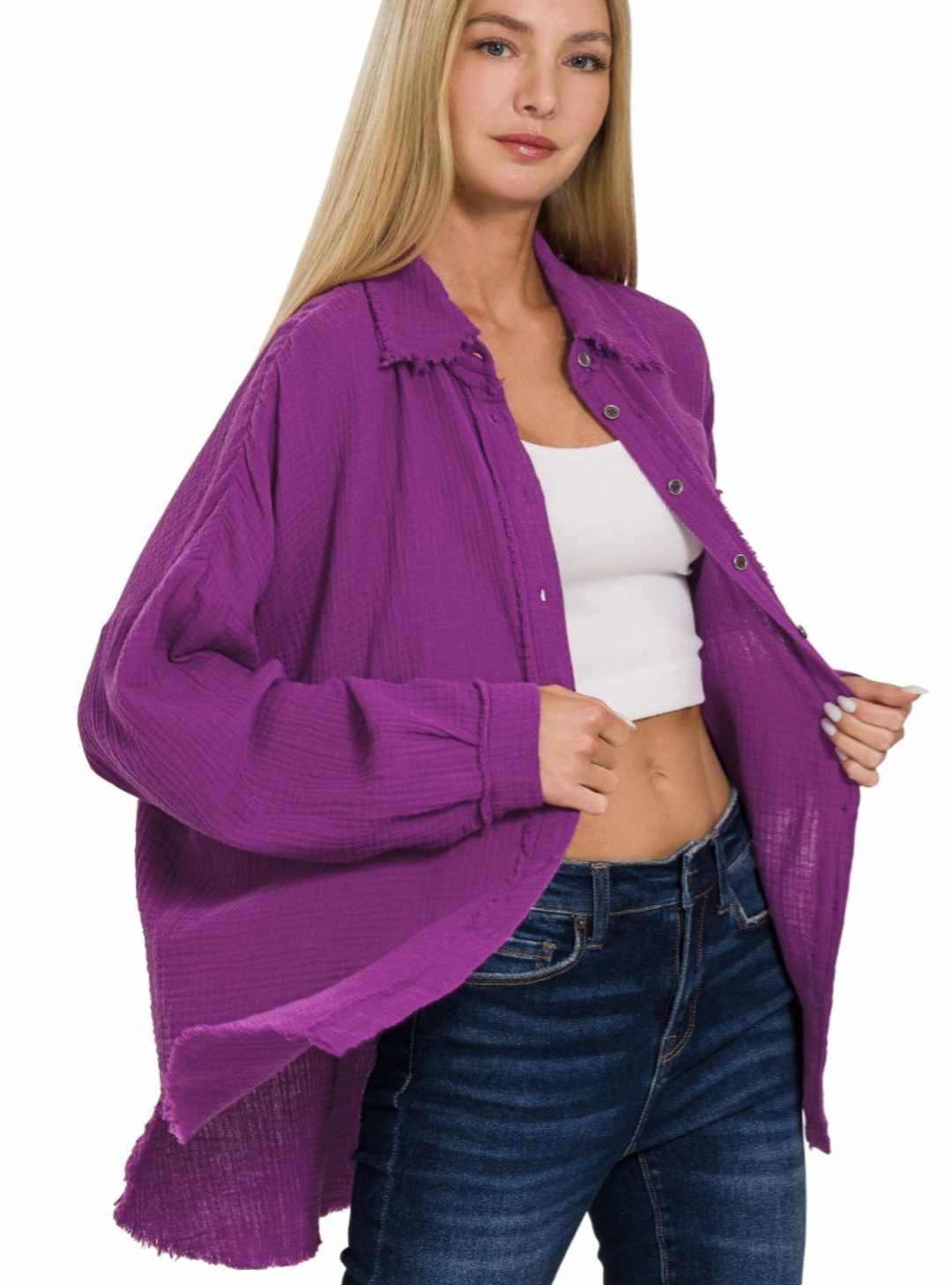 Plum Double Gauze Oversized Raw Edge Shirt