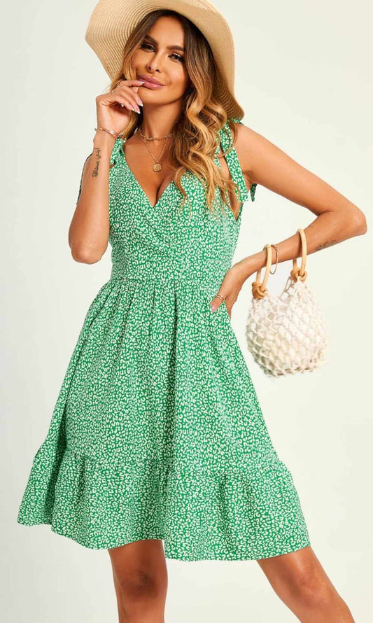 Leopard Print Hem Detail Strap Mini Green Dress