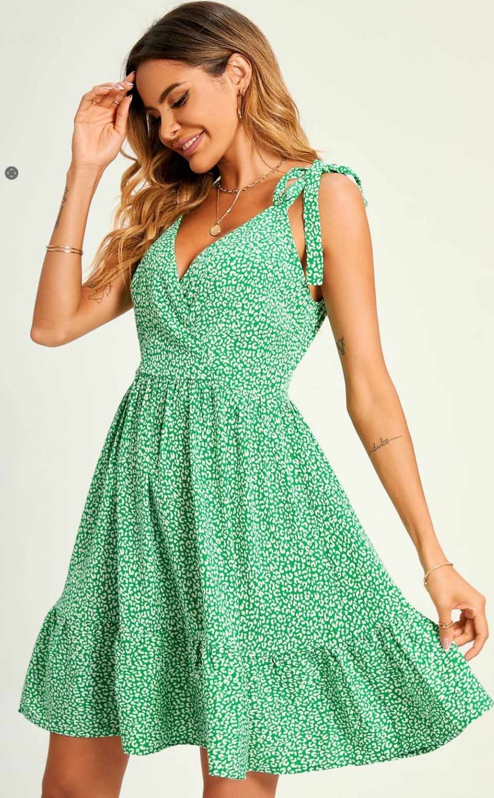 Leopard Print Hem Detail Strap Mini Green Dress